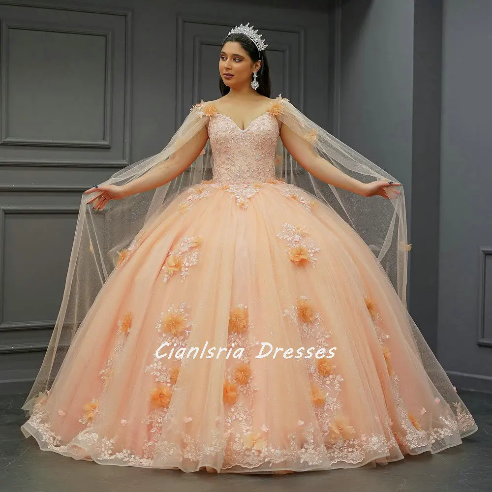 Champagne 3D Flowers Ball Gown Quinceanera Dresses Off The Shoulder Appliques Lace Crystal Corset Vestidos De 15 Años