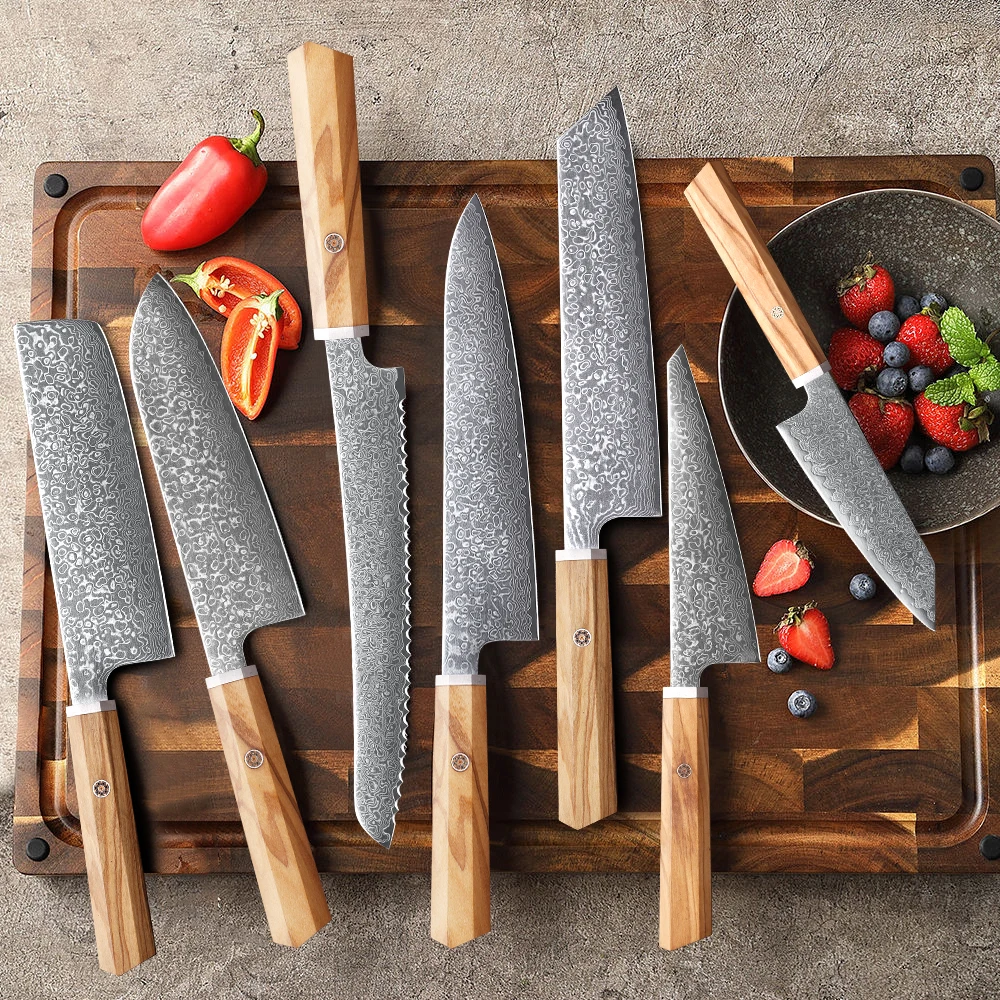 SHENGSHARP 1PC-7PCS Professional Kitchen Knives Set Utility Santoku Bread Japanese Handmade 67 Layer Damascus Steel Chef Knife