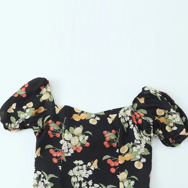 

Retro Floral Print ort Sve Elastic Bubble Sve Women's Top Sweet Sle Polyester Fiber 2025 Summer New Arrival