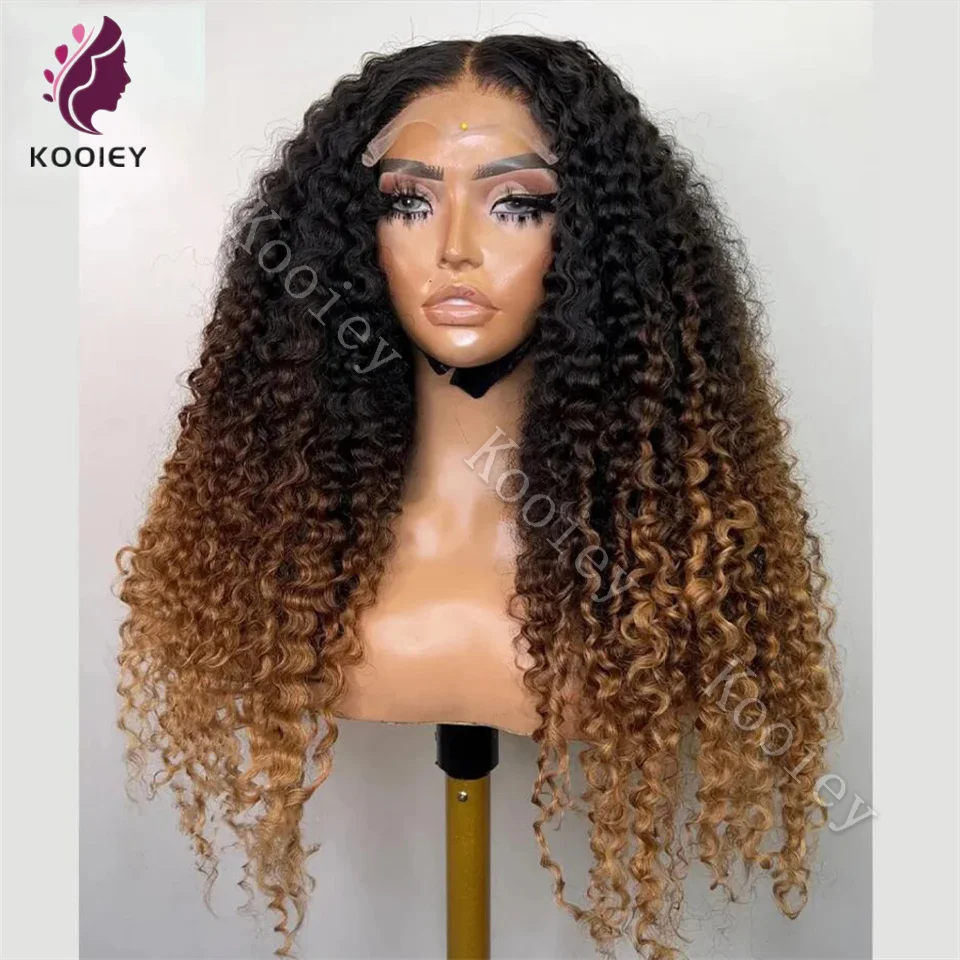 1b/27 Ombre Blonde Kibky Krullend 13x4/360 Kant Frontale diepe Golf Pruik Menselijk haar Pre Geplukt Zijden Top Kant Pruiken Babyhaar Rond