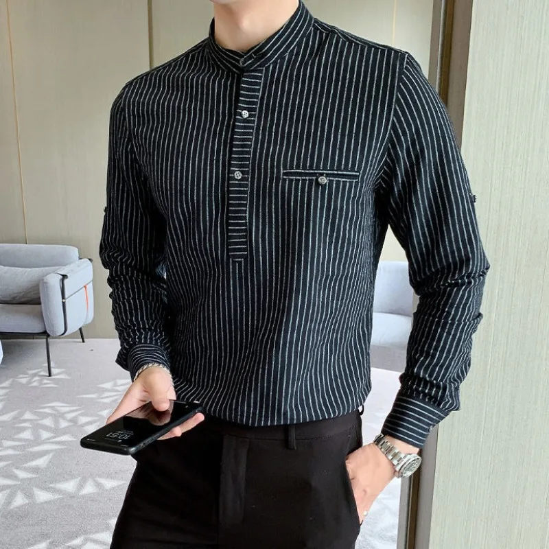 Spring Autumn Men's Clothing Long Sleeve Crew Neck Striped Pullover Button Pocket Formal Shirt Contrast Color Casual Tops