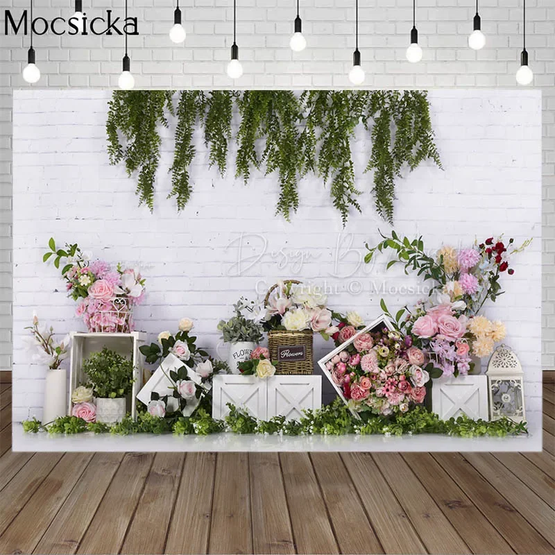

Mocsicka Spring Green Vine White Brick Wall Photography Backdrop Pink Flower Decor Newborn Cake Smash Background Photo Studio