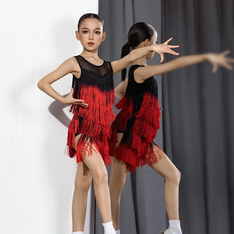 

2025 Girls Fringe Latin Dance Performance Costumes Sleeveless Gradient Tassels Dress Chacha Rumba Tango Latin Dance Wear DN20516