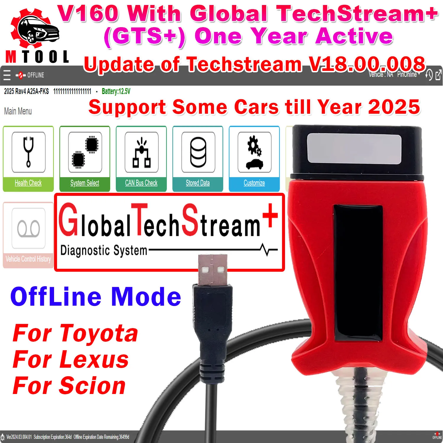 V160 Pro With Global Techstream+ V2024.03 GTS+ Software One Year Subscribtion Active Update of Techstream for Some 2025 Year Car