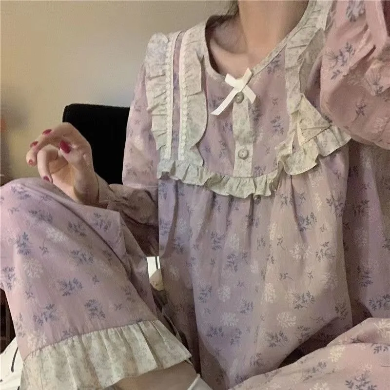 Roupa de dormir feminina de renda doce, pijama retrô arrepiante, solta, calça de manga comprida, roupa de casa, pulôver, novo, 2022