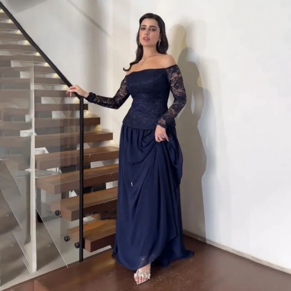 Sukienka na bal dla kobiet z wykwintną koronkową aplikacją, długi rękaw, urocza suknia wieczorowa w stylu syreny z dekoltem w łódkę, marszczona suknia na przyjęcie.