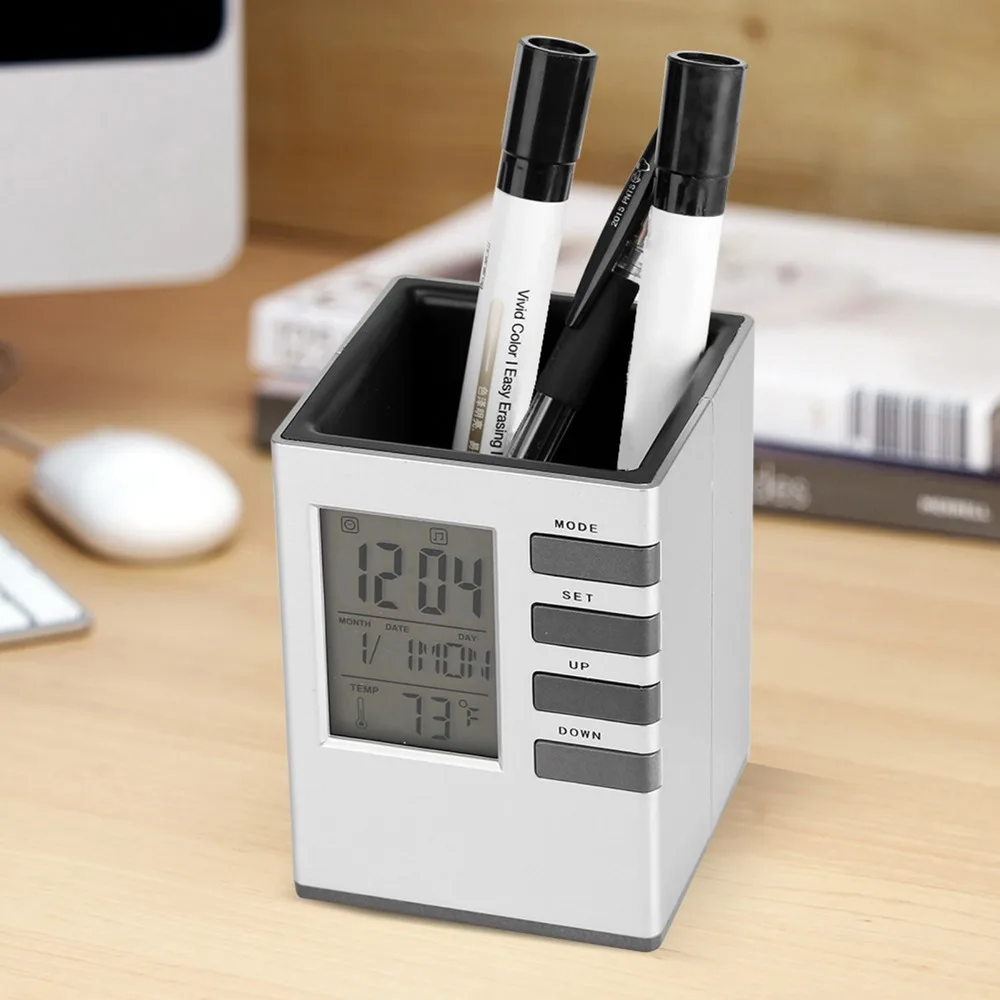 Multi-Function Pen Holder Alarm Clock Digital Display LCD Screen Display Digital Alarm Clock Temperature Display Silver