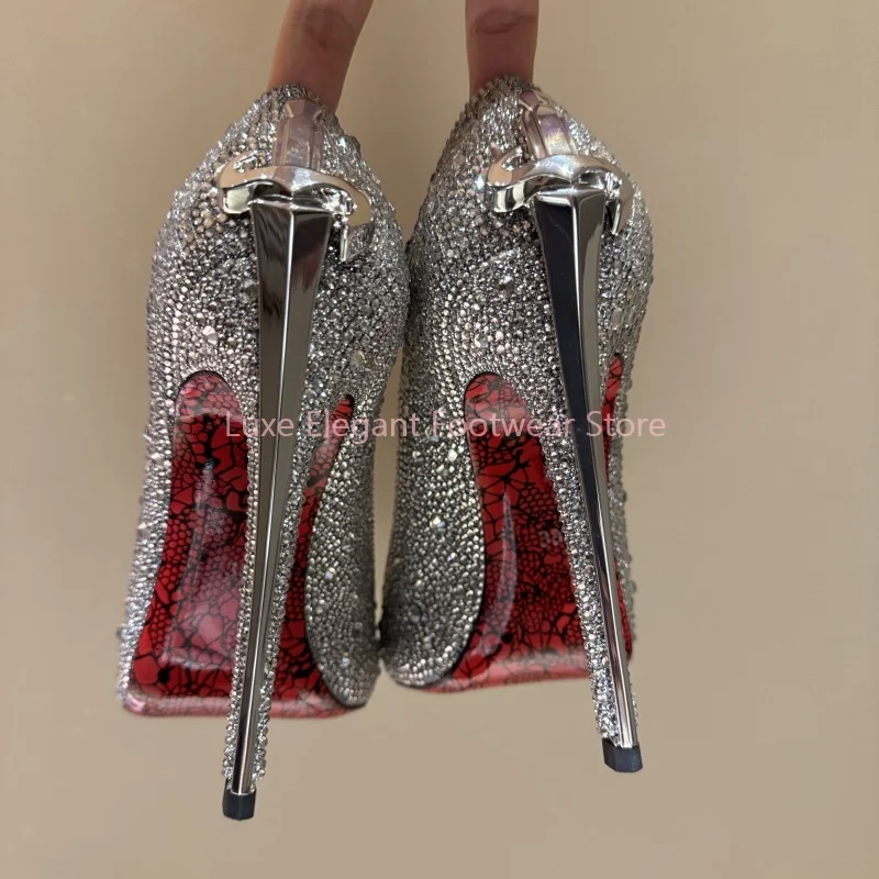 Gold Shiny Crystal Sword Shaped Pointed Thin High Heels Women Sexy Shallow Slip On Pumps Luxury Fashion Evening Party Dress Shoe