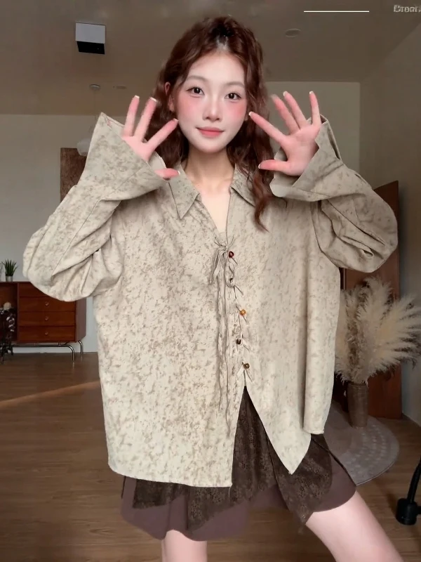plus Size Women's V-Neck Shirt with Belt Long Sleeve Inner Wear Slimming Top Korean Style Commute Fashion Loose Fit