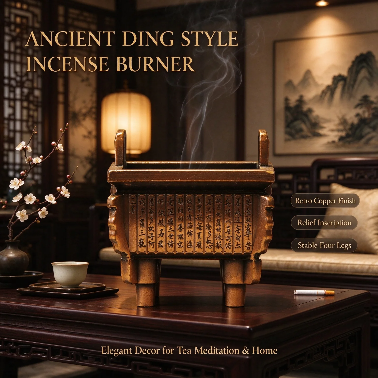 Ancient Style Copper Incense Burner Landscape Relief Hollow Cloud Lid Two Ears Three Legs Censer For Oud Sandalwood Home Decor M