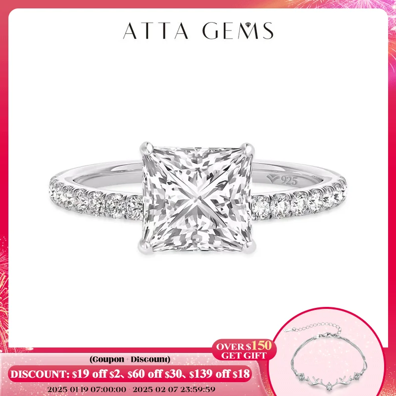 ATTAGEMS 18K Real Moissanite Rings Princess Cut D Color VVS1 8.0mm Au750 Etenity Diamond Engagement Wedding Rings For Women Gift