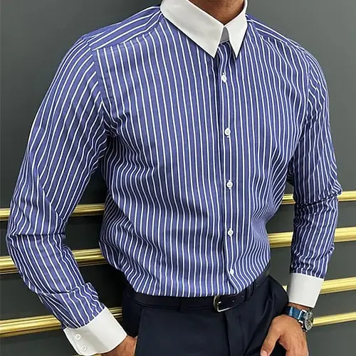 Business Striped Tight Fitting Shirt Long Sleeved Quick Drying Breathable Gym Sports T-Shirt Comfortable Home Shirt MB12