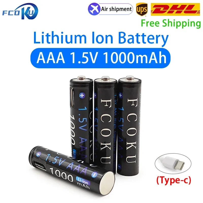 

AAA 1.5V 1000mAh USB Rechargeable Li-ion Battery For MP3 Player Toy Clock Flashlight Shaver Wireless Mouse With Type-C Cable