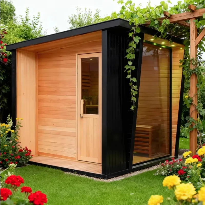 Customized 4-Person Outdoor Solid Hemlock Wood Sauna, Traditional Wet Steam Sauna with Stove, 220-240V Eco Friendly Design