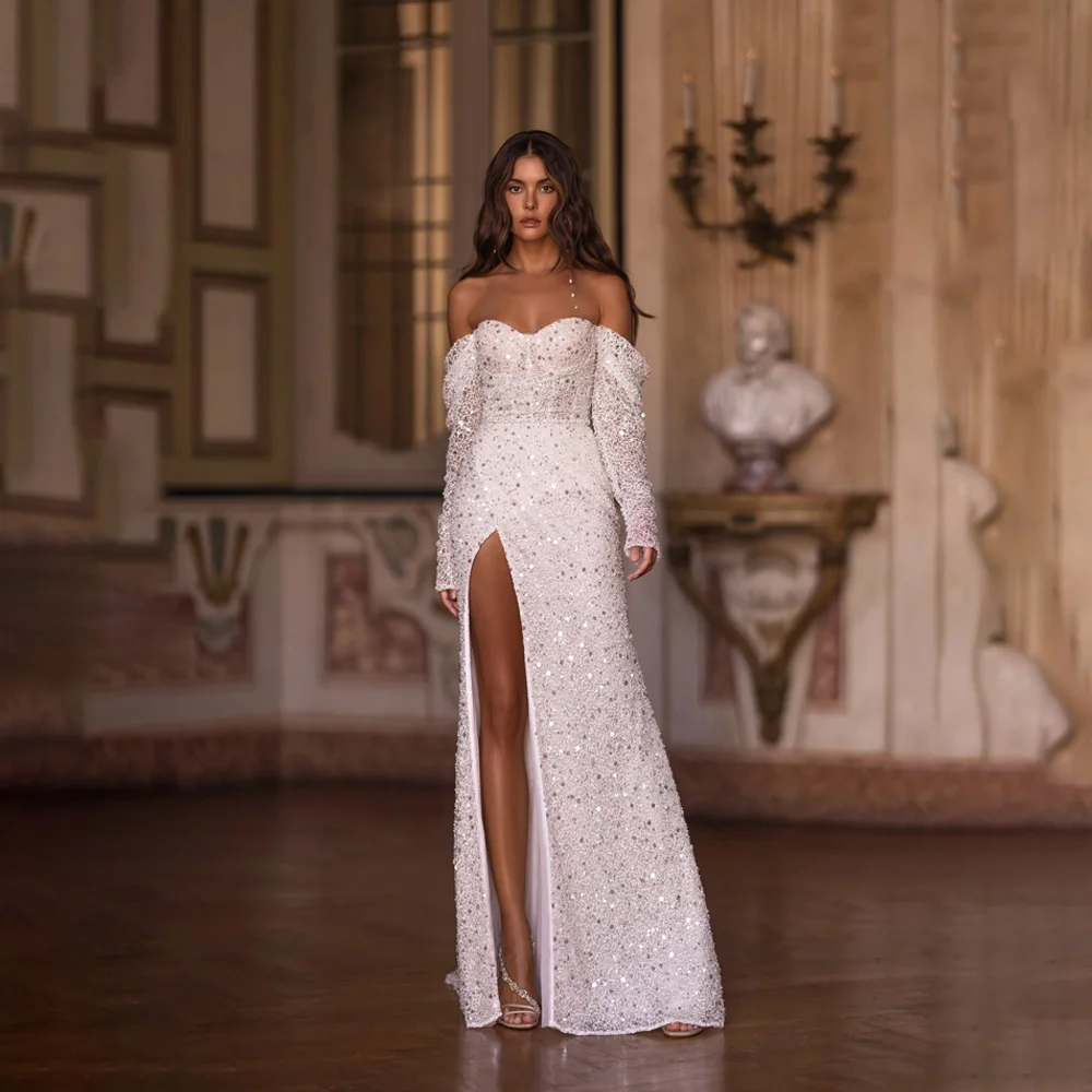 

Off the Shoulder Sequins Glitter Wedding Dress Sweetheart Side Split Wedding Gown with Long Sleeve Mermaid Court vestido de