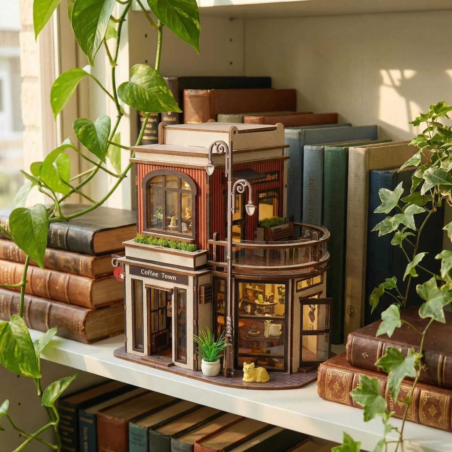 

DIY Coffee Shop Bookend Kit, 3D Wooden Miniature Building Model with LED Lights, Handmade Craft Decor