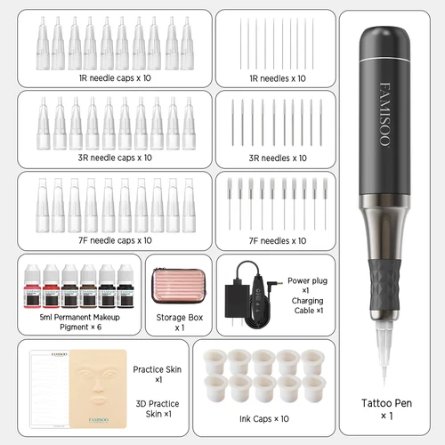 FAMISOO-máquina de maquillaje permanente profesional, Kit de máquina de tatuaje para cejas, delineador de ojos, labio, tatuaje corporal con aguja de pigmento de 6 uds.