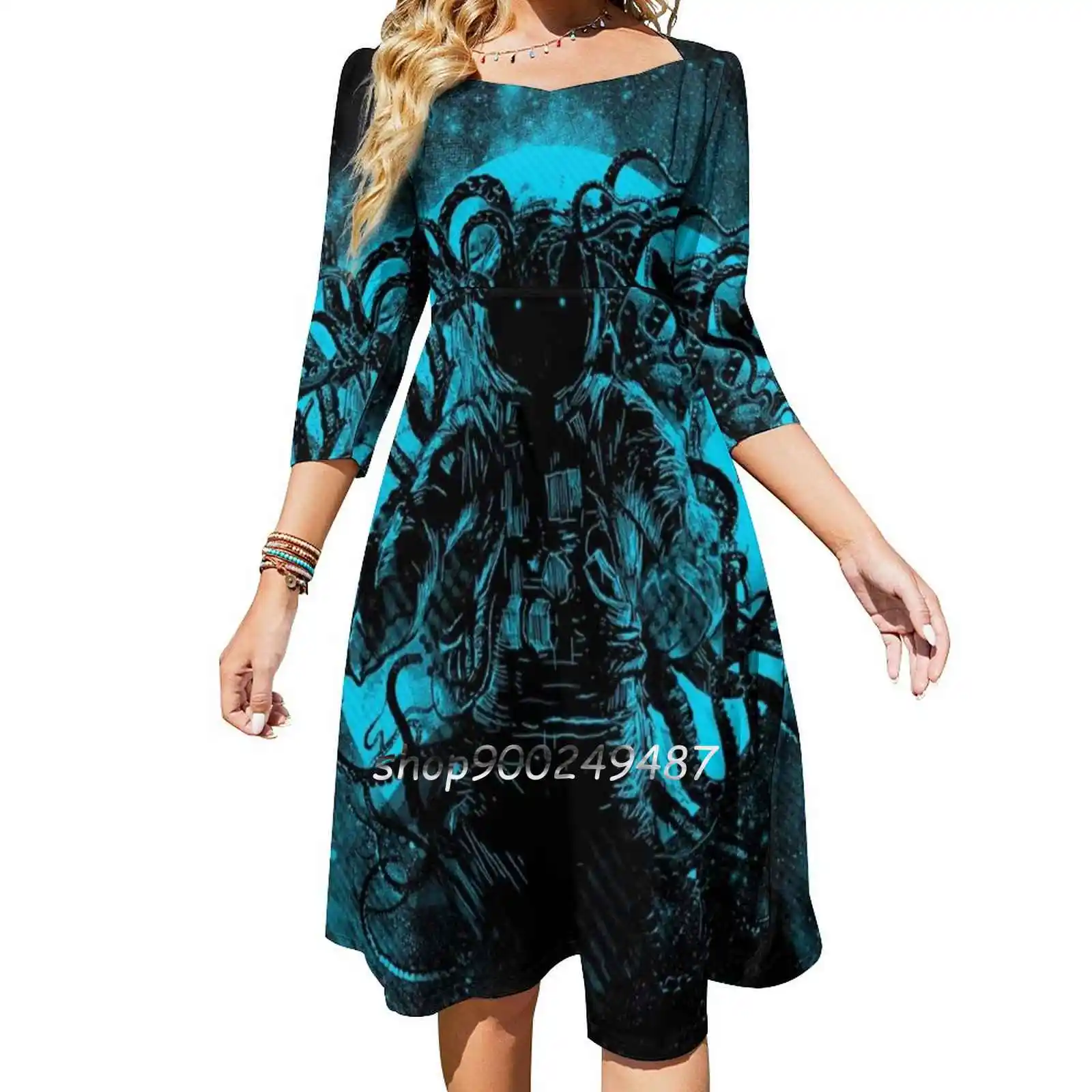 Terror From Deep Space Square Neck Dress New Plus Size Elegant Women Waist Tight Dress Cool Science Fiction Sci Fi Space