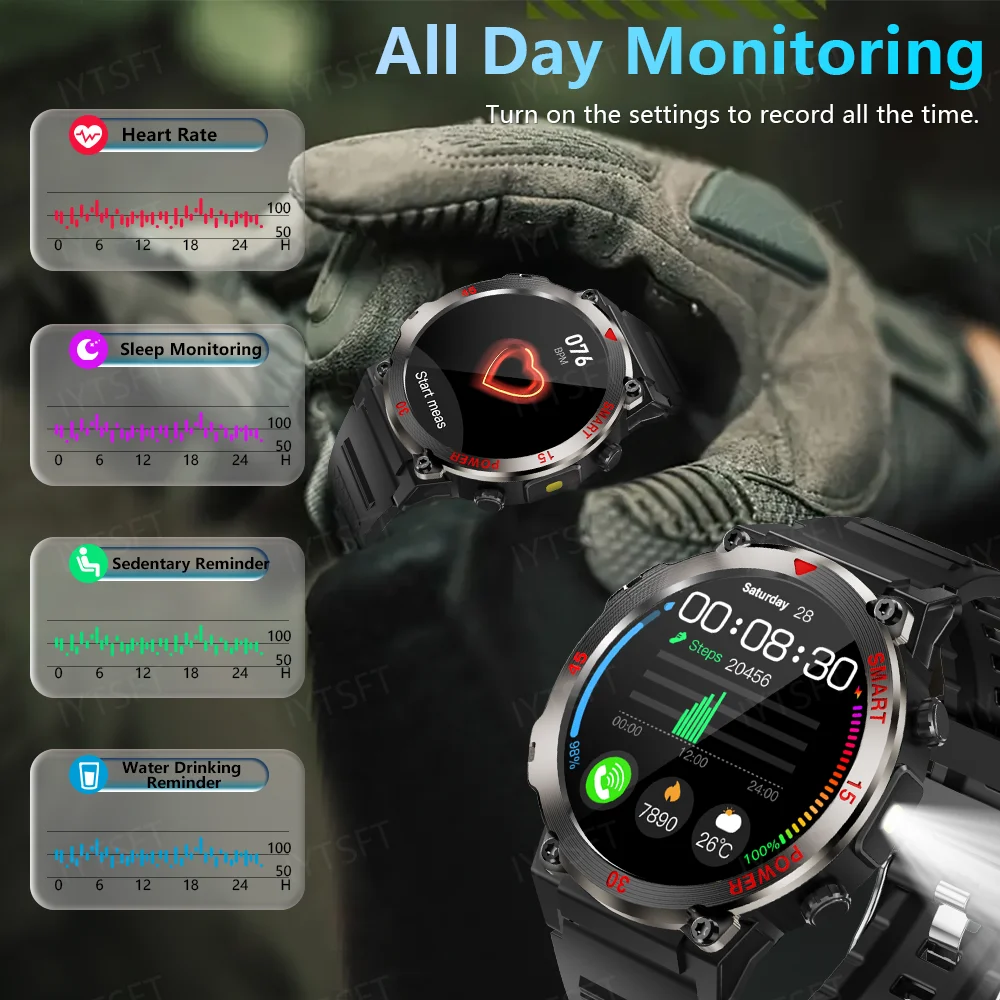 LAXASFIT New Smart Watch Men's Outdoor Sports LED Flashlight  Bluetooth Calling Voice Assistant Health Monitoring Smartwatch