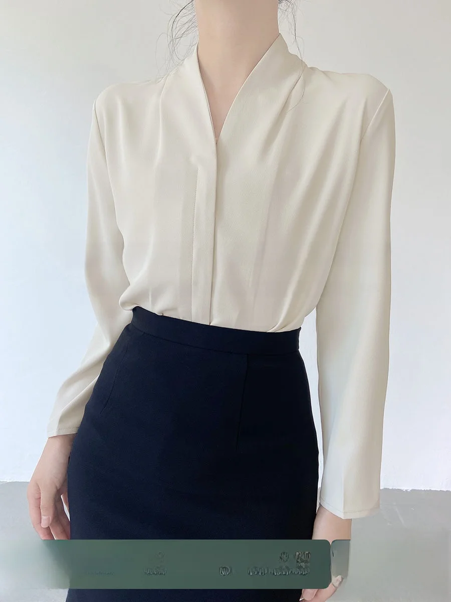 

Achu Pure Authentic Women's Career Interview irt V-Ne Chiffon Profional Top Formal Wear Straight Cut Long Sve