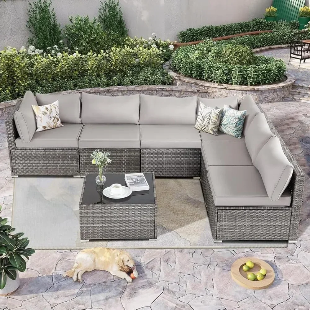 

Outdoor Furniture Set of 7 Pieces,Rattan Sectional Sofa,Washable Cushions & Glass Coffee Table,Outdoor Furniture Set