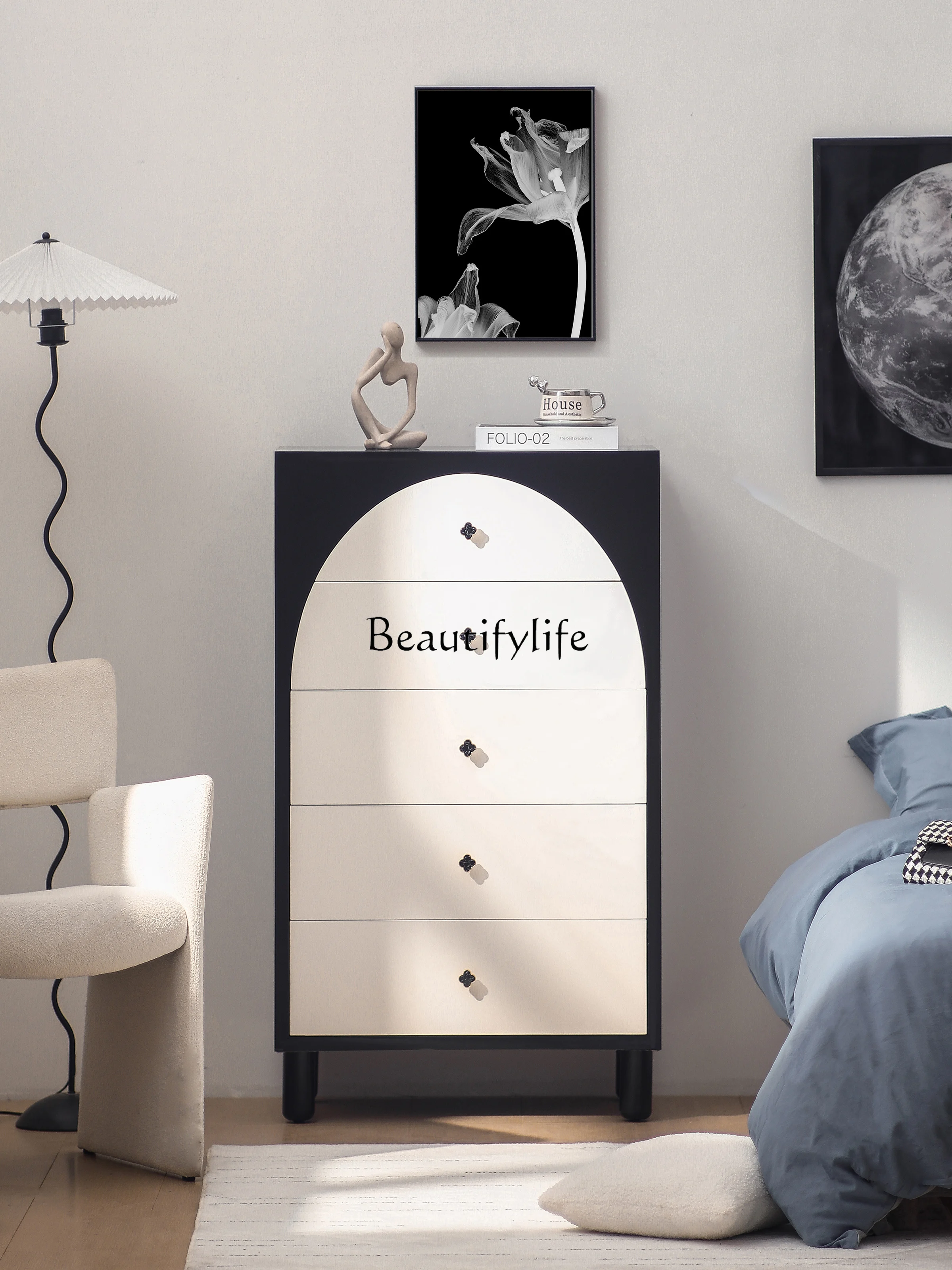 

Modern simple solid wood bedroom locker living room wall storage black and white drawer locker