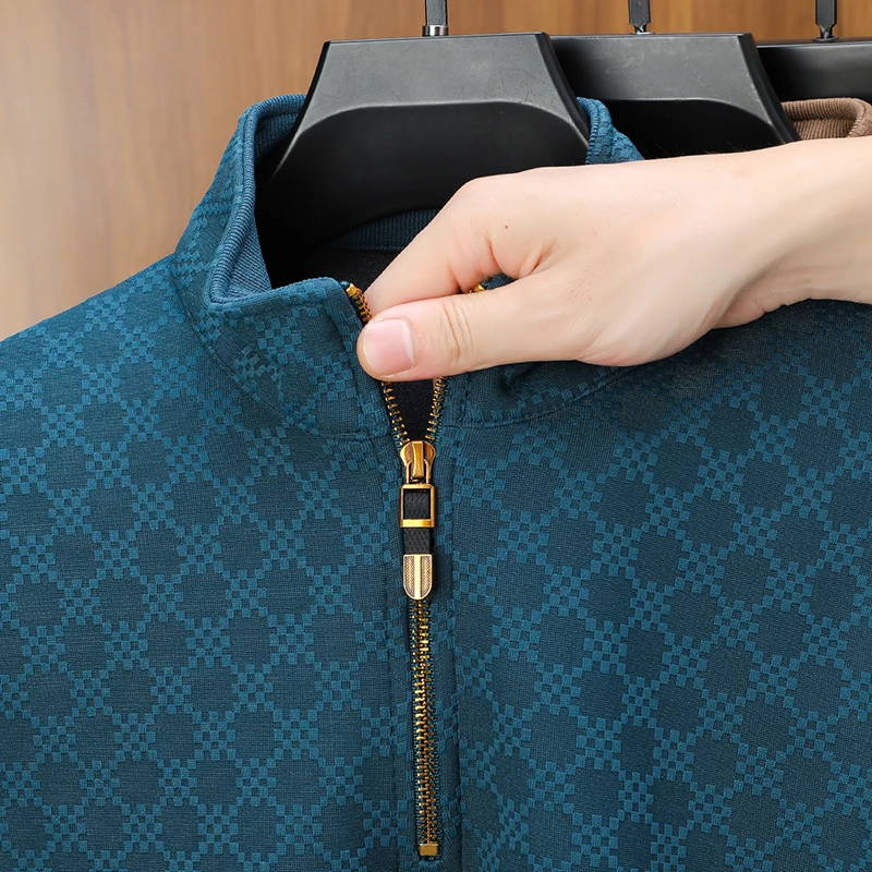 جودة فاخرة للرجال سميكة هوديي الوقوف طوق سستة منقوشة طباعة كم طويل البلوز الشتاء الأعمال موضة الملابس الرجالية الكلاسيكية #5