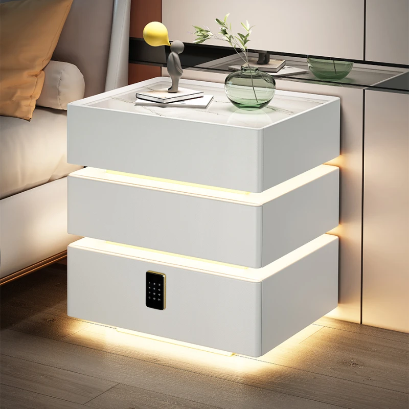 

Smart bedside table cream wind simple modern wireless password lock Bluetooth audio induction lamp suspended solid wood cabinet