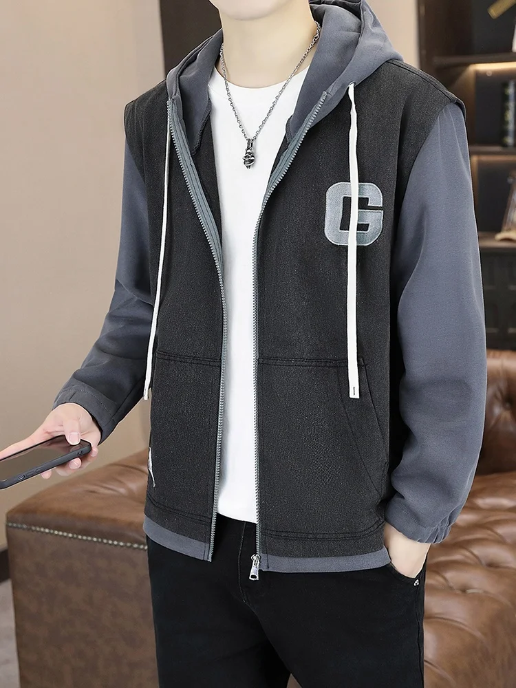 

Spring Autumn Men's Denim Jaet Hooded Workwear Fake Two-Piece Classic Sle Anti-Wind Long Sve Zipper Closure Casual Coat