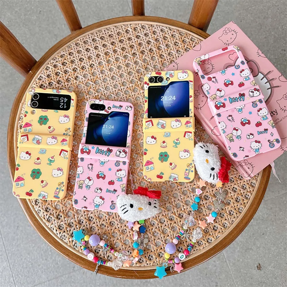

Sanrios Hello Kitty with Lanyard Candy Color Phone Case for Samsung Galaxy Z Flip 3 4 5 6 5G PC Hard Anti-drop Back Cover Funda