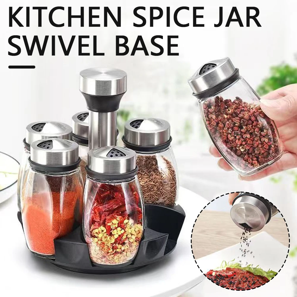 360° Rotatable Base 6pcs Pepper Shakers Flavor Container Seasoning Kitchen Salt Rack Bottle Holder Flavouring Tank Shelf