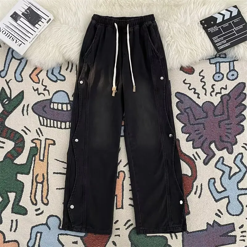 

American Style Loose Wide Leg Men's Jeans High Street Trendy Design Button Splicing Deconstruction Cool Workwear Pants