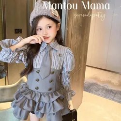 Spring Autumn New Fashion Polo Collar Long Sleeved Children's Clothing Solid Color Vivid Cute Popular Korean Loose Girls Dresses