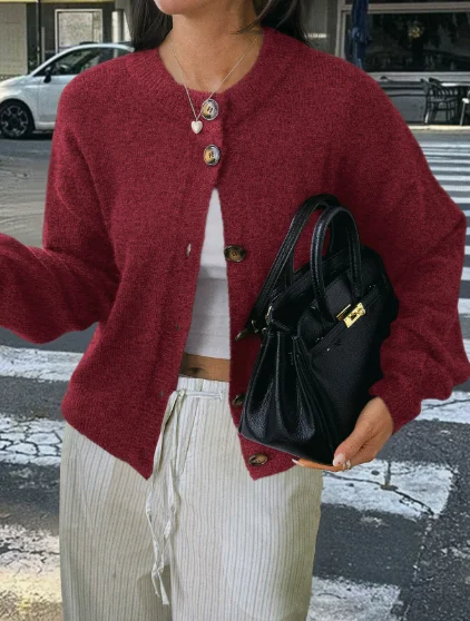 Women's Short Cardigan Autumn And Winter Round Neck Solid Color Stretch Round Neck Elegant Sweater Women Fashionable Casual Top