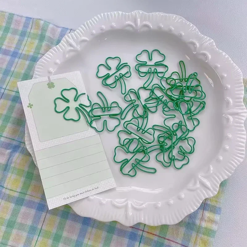 10pcs INS Style Paper Clips Lucky Four-Leaf Clover Bookmark Aesthetic Novelty Shape Clips for Scrapbooking Gift & Journal Decor