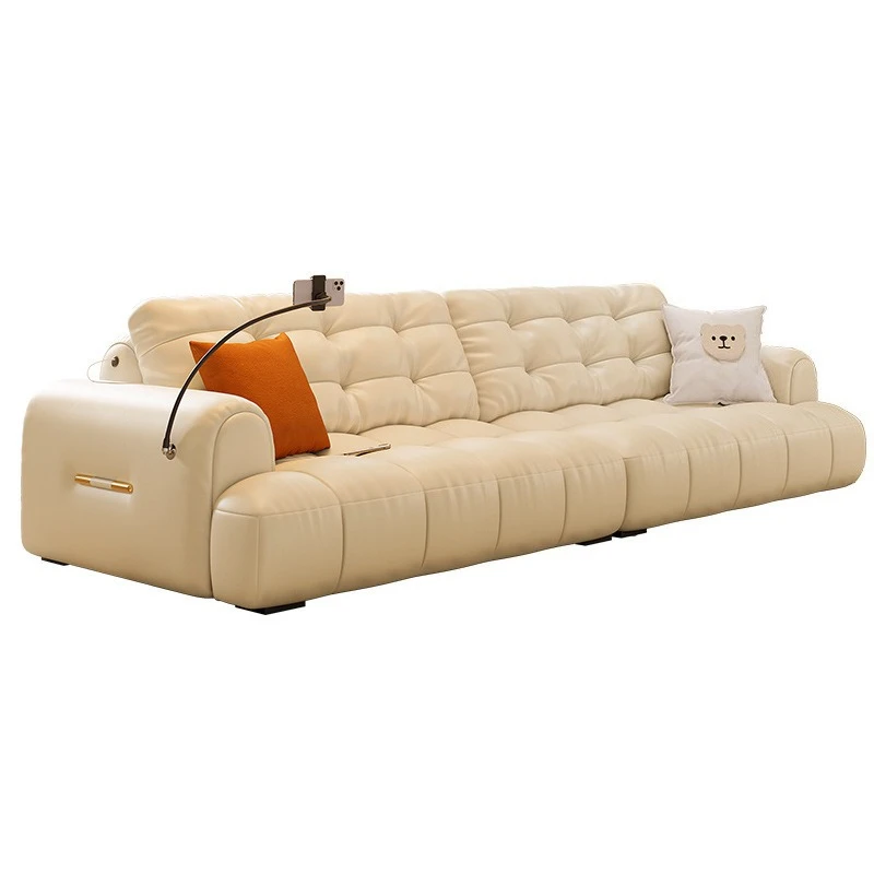 

Puff sofa French cream style, light luxury living room retro and simple, straight row cloud leather sofa