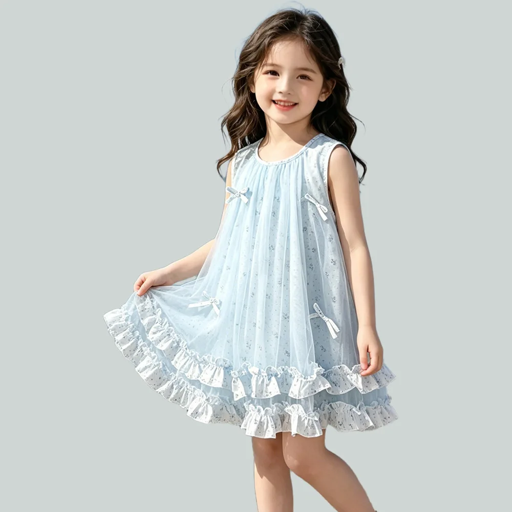Girls Dresses Mesh Dresses Children's Sleeveless Dresses Girls Princess Dresses Girls' Clothes Floral Bow Dresses 1-10Years
