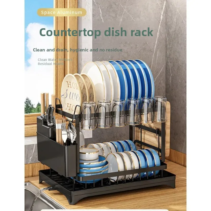 Double-layer large-capacity dish drain rack | With water guide tray, rust-resistant and durable, kitchen countertop storage rack view 4