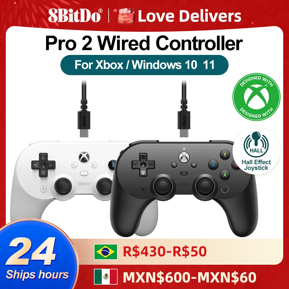 8BitDo Xbox Controller Pro 2 Wired Gamepads PC for Xbox Series X S Xbox One Windows 10 11 Hall Effect Joysticks and Triggers