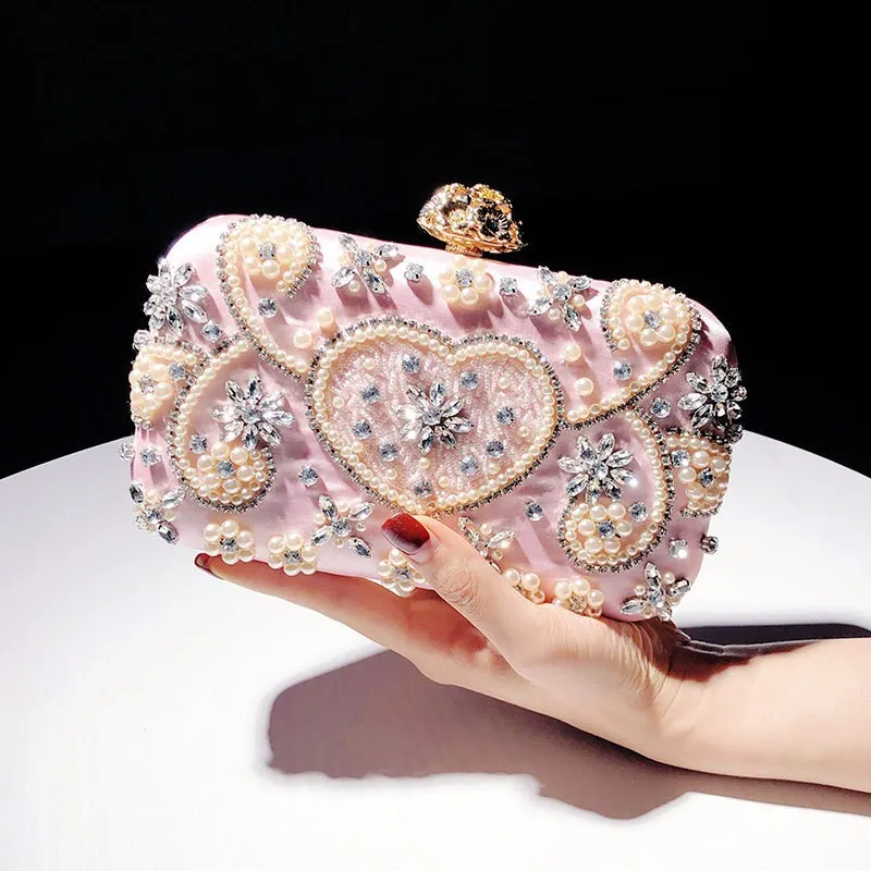 2025 Satin Vintage Women Party Evening Bags Metal Flower Luxury Diamonds Clutch Rhinestones Handbags Chain Shoulder Bag
