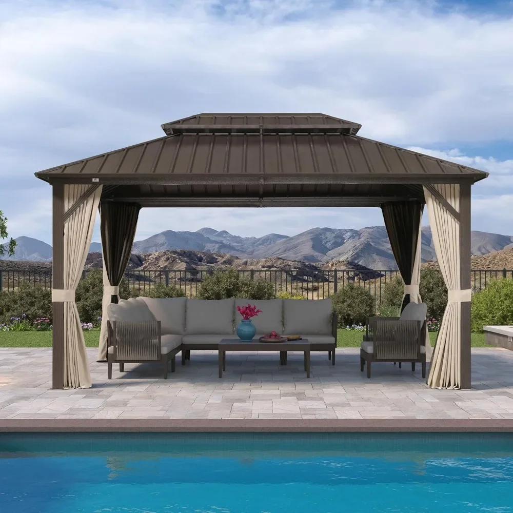 

Outdoor Hardtop Gazebo Metal Frame Galvanized Steel Double Roof with Curtains and Nettings for Patio Desk