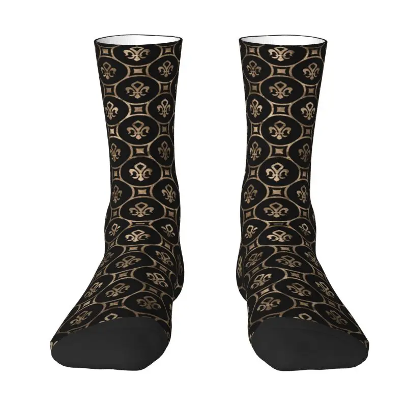 Custom Vintage Fleur De Lis Pattern Black And Gold Socks Women Men Warm 3D Printed Sacred Lily Flower Sports Football Socks