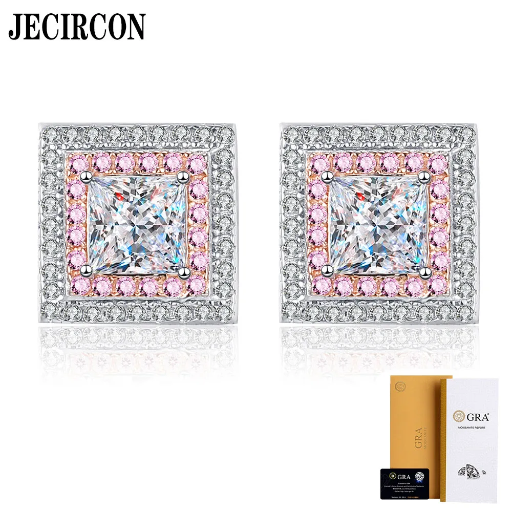 

JECIRCON 925 Sterling Silver Stud Earrings for Women Sugar Cube Moissanite Earrings Plated PT950 Gold Jewelry Factory Wholesale