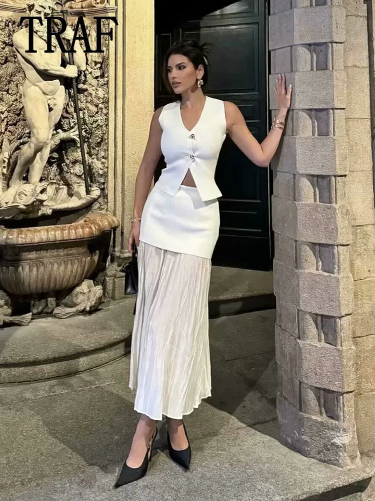 TRAF Crop Top Female set Two Piece Set Women Outfit Long Skirt 2 Pieces Sets For Women 2024 New Fashion Sleeveless