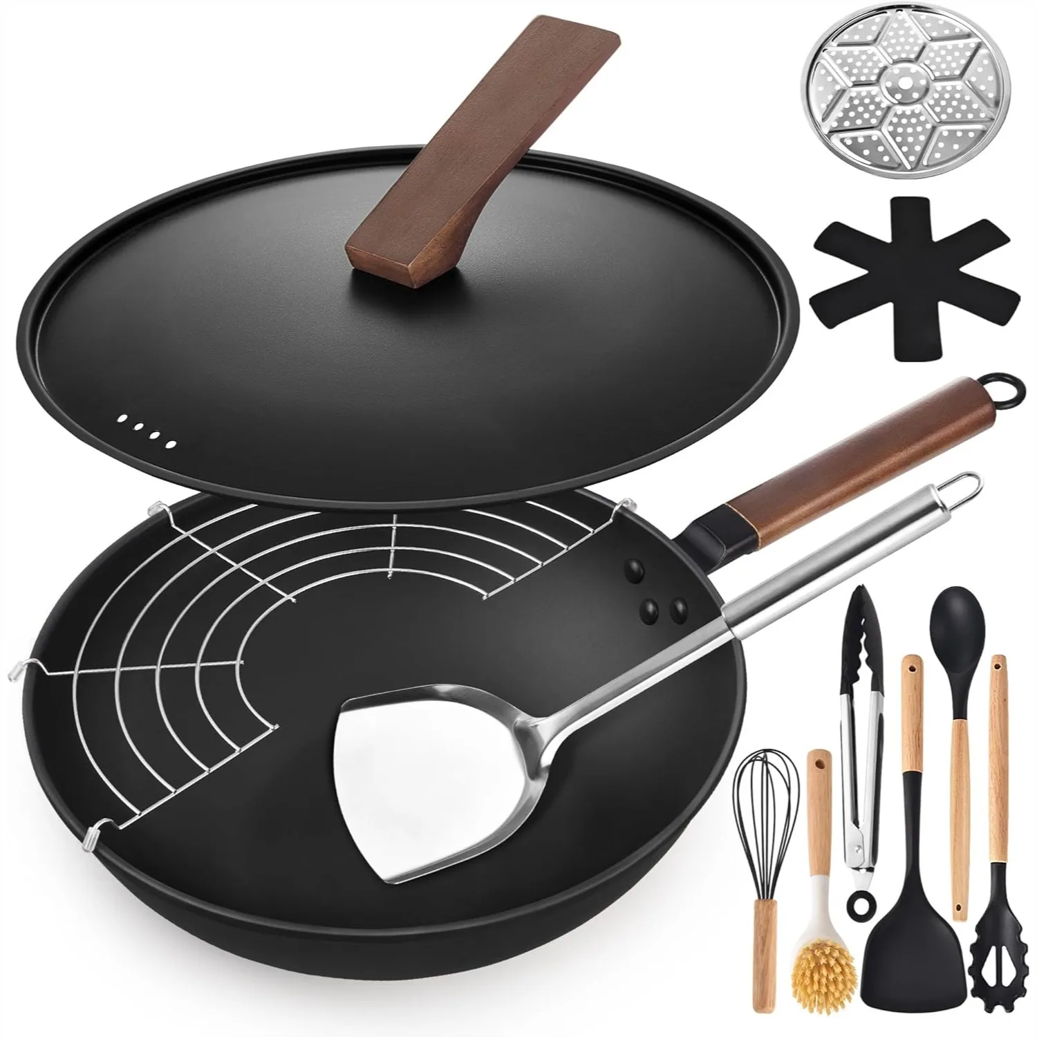 

13'' Carbon Steel Wok Set, 12 Piece Stir-Fry Pan with Lid & Cookware, Flat Bottom for All Stoves