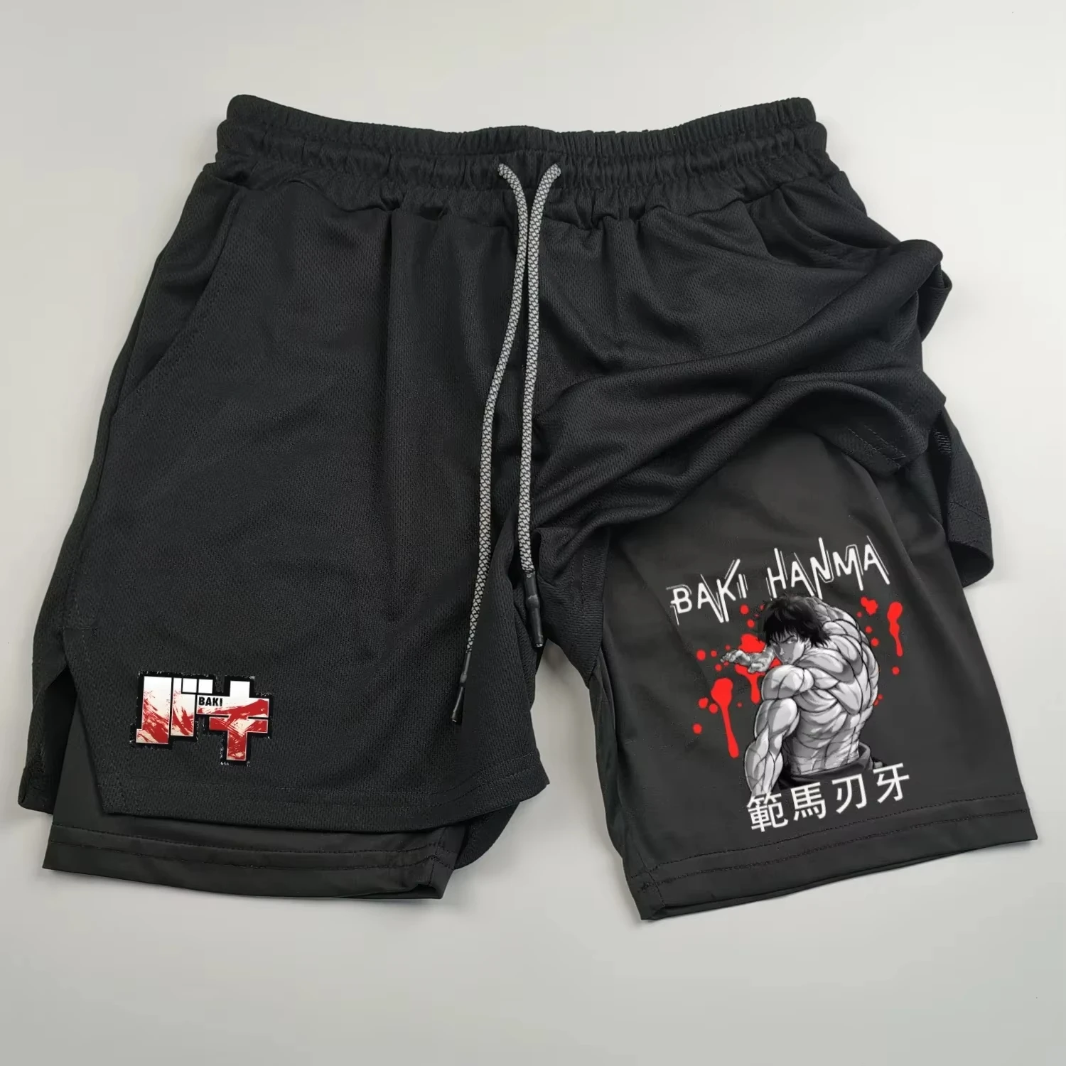 

Мужские спортивные шорты в стиле аниме Hanma BAKI Î Güイ ddy Bieganie and Fitness Shorts 2-in-1 Быстросохнущие двухслойные спортивные шорты для мужчин