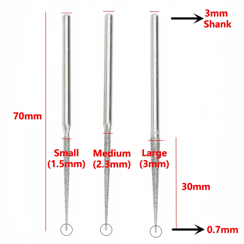 10Pcs Diamond Grinding Head Burrs 3mm Shank Small Long Cone Long Reach 1.5mm Punch Needle Drilling Bits for Dremel Rotary Tools