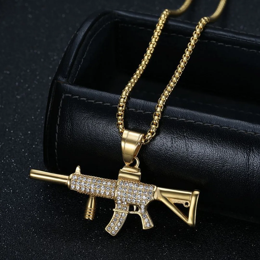 Hip Hop Fashion Assault Rifle Iced Out Bling CZ Pendant Gold Silver Color Stainless Steel Necklace Man Hippie Military Jewelry