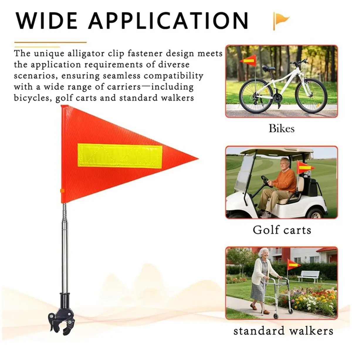 2026 New Tool Orange Safety Flag with Reflective Strip and 5.3 Feet Retractable Pole Orange Warning Flags Suitable for Mobility