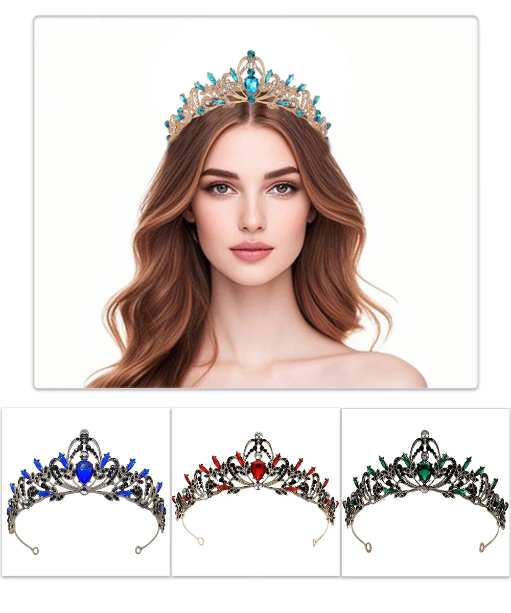 تاج الزفاف الباروكي الكلاسيكي الأسود لوكس كريستال - غطاء رأس التاج الملكي لحفلات الزفاف وحفلات أعياد الميلاد والمناسبات الرسمية